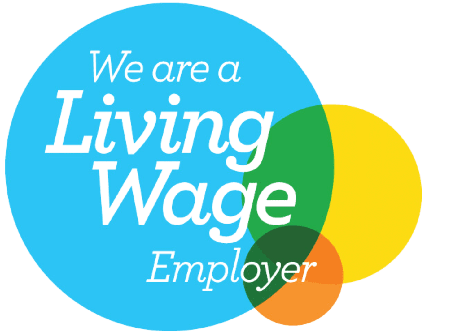 A living wage employer logo with the words we are a living wage employer in front of three circles.