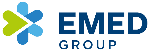 A green background with the words emme group in blue.