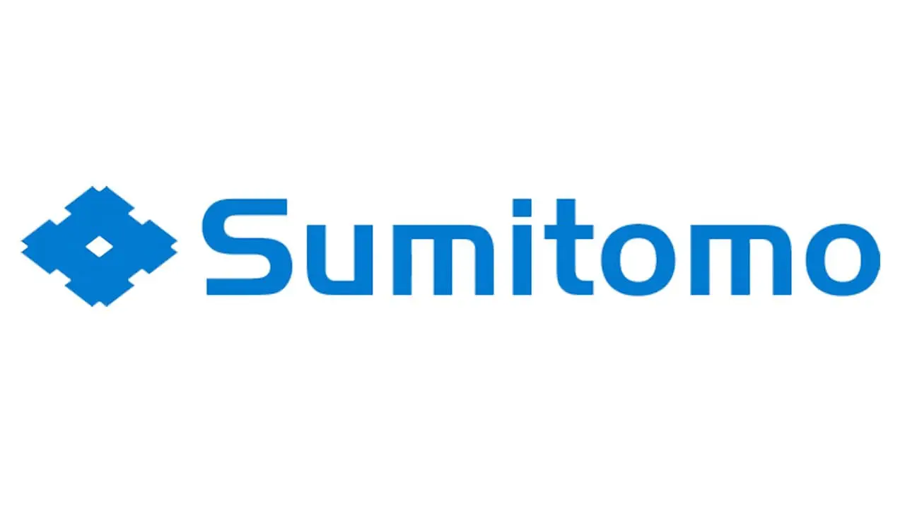 A blue and white logo of sumiton