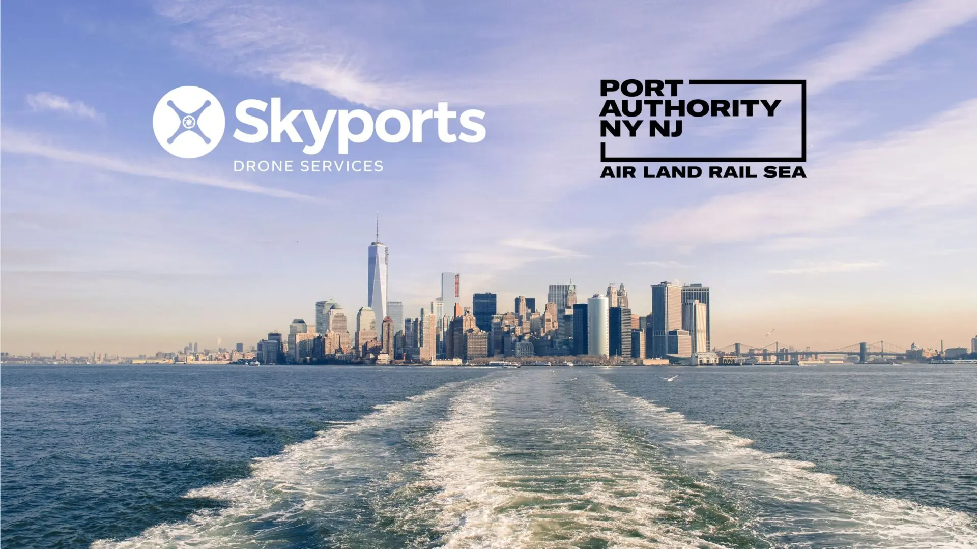 A city skyline across the water with sky and wake of a boat in the foreground, overlaid with logos for "skyports drone services" and "port authority nynj.