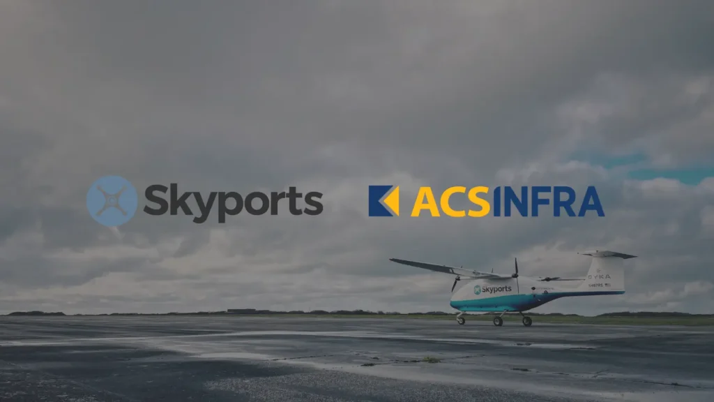 Skyports and ACS Infra airplane on runway.