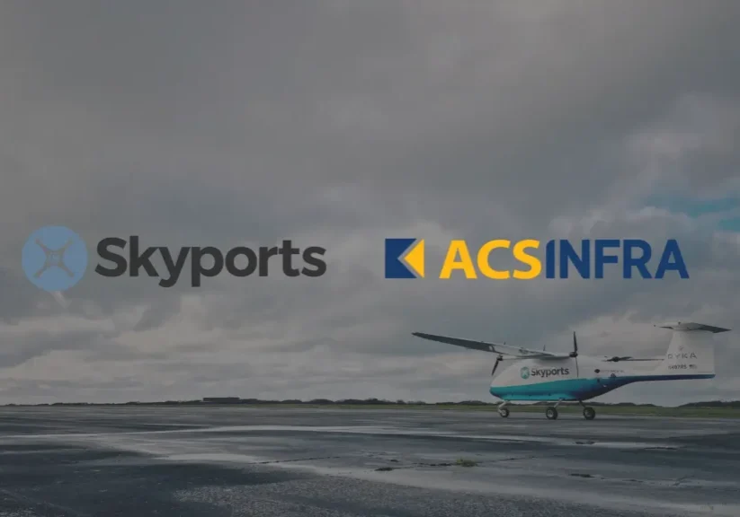 Skyports and ACS Infra airplane on runway.